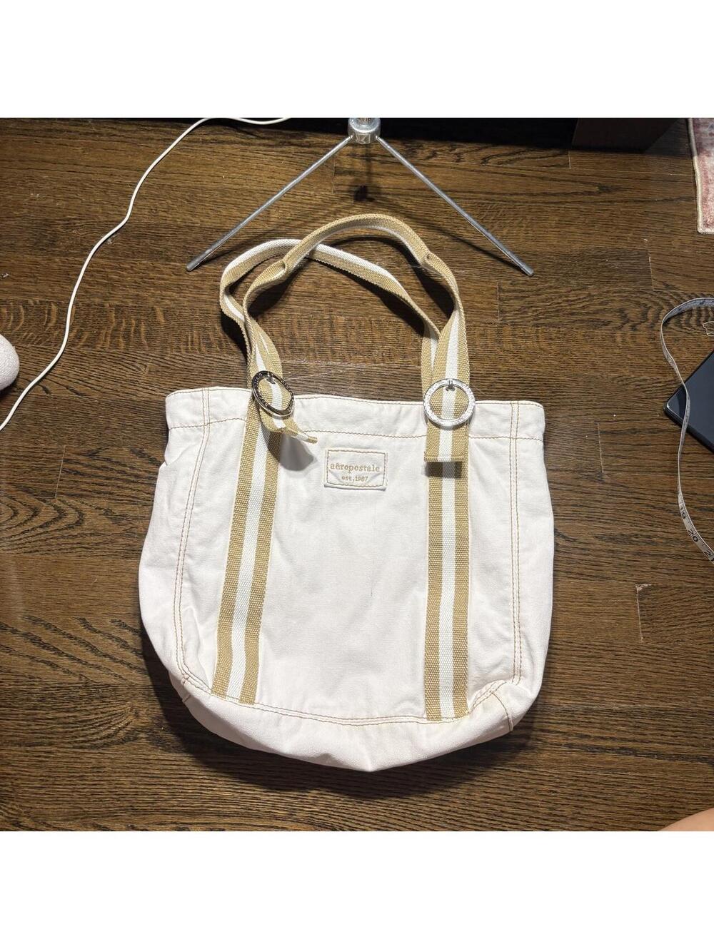 Vintage 2000s Y2K Aeropostale canvas tote shoulder bag with tan stripe straps